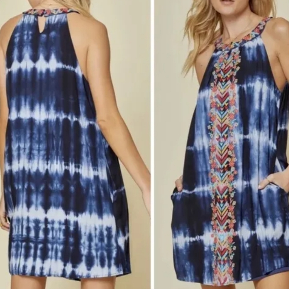 SAVANNA JANE Tye-Dyed Embroidered Boho Halter Dress